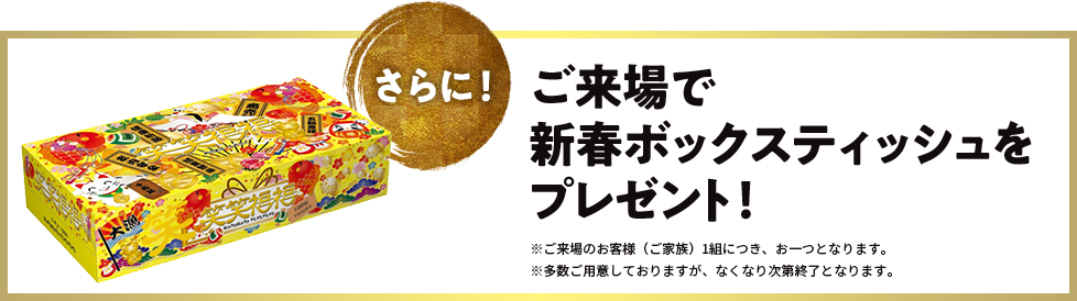 さらに！ご来場で 新春ボックスティッシュを プレゼント！※ご来場のお客様（ご家族）1組につき、お一つとなります。 ※多数ご用意しておりますが、なくなり次第終了となります。 