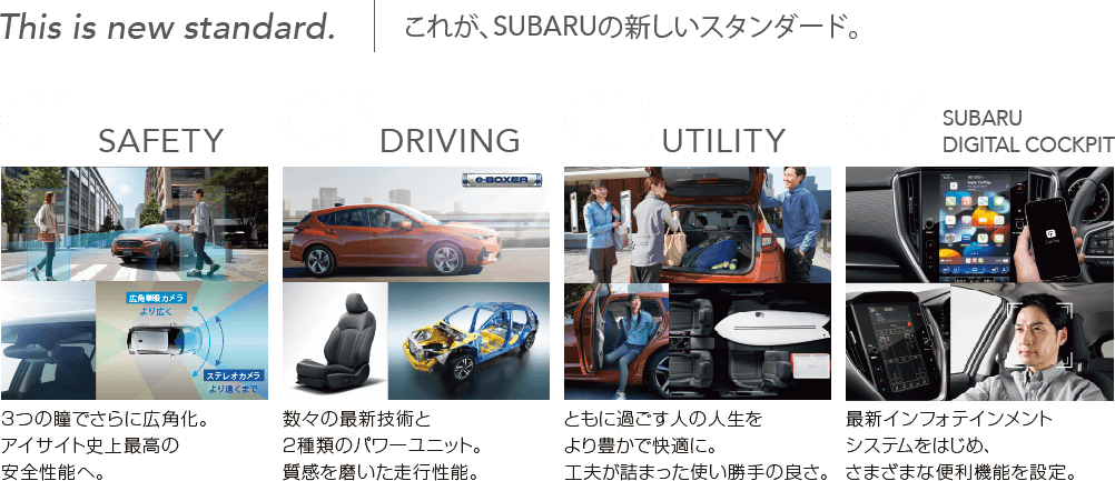 This is new standard.これが、SUBARUの新しいスタンダード。01 SAFETY 02 DRIVING 03 UTILITY 04 SUBARU DIGITAL COCKPIT