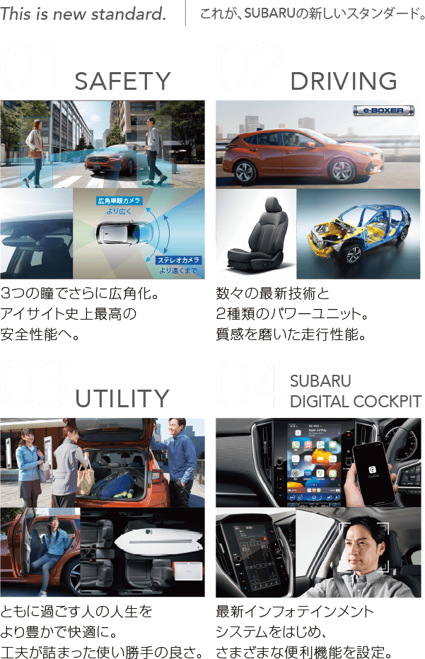 This is new standard.これが、SUBARUの新しいスタンダード。01 SAFETY 02 DRIVING 03 UTILITY 04 SUBARU DIGITAL COCKPIT