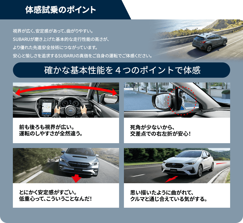 体感試乗のポイント視界が広く、安定感があって、曲がりやすい。SUBARUが磨き上げた基本的な走行性能の高さが、より優れた先進安全技術につながっています。安心と愉しさを追求するSUBARUの真価をご自身の運転でご体感ください。