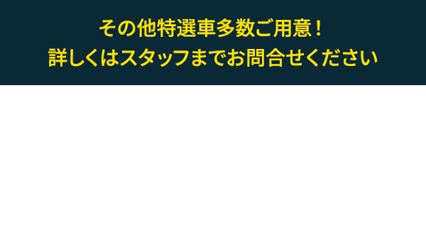 その他特選車多数ご用意！ 詳しくはスタッフまでお問合せください●特選車は8月17日時点の在庫となっております。在庫状況は店頭スタッフまでお問い合わせください。［車両本体価格について］■税金（消費税を除く）、保険料、リサイクル料金、登録等に伴う諸費用等は別途必要となります。■記載価格は車両本体価格に消費税が含まれた総額表示となっております。■登録等に伴う手続代行費用については別途消費税が必要となります。■価格にはオプションは含まれておりません。■販売店でセットする付属品は、別途扱いです。■価格はタイヤパンク修理キットとタイヤ交換用工具を含む価格です。