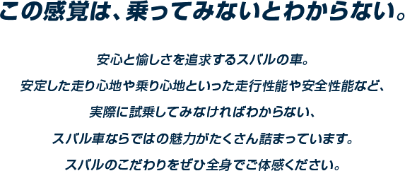 この感覚は、乗ってみないとわからない。安心と愉しさを追求するスバルの車。安定した走り心地や乗り心地といった走行性能や安全性能など、実際に試乗してみなければわからない、スバル車ならではの魅力がたくさん詰まっています。スバルのこだわりをぜひ全身でご体感ください。