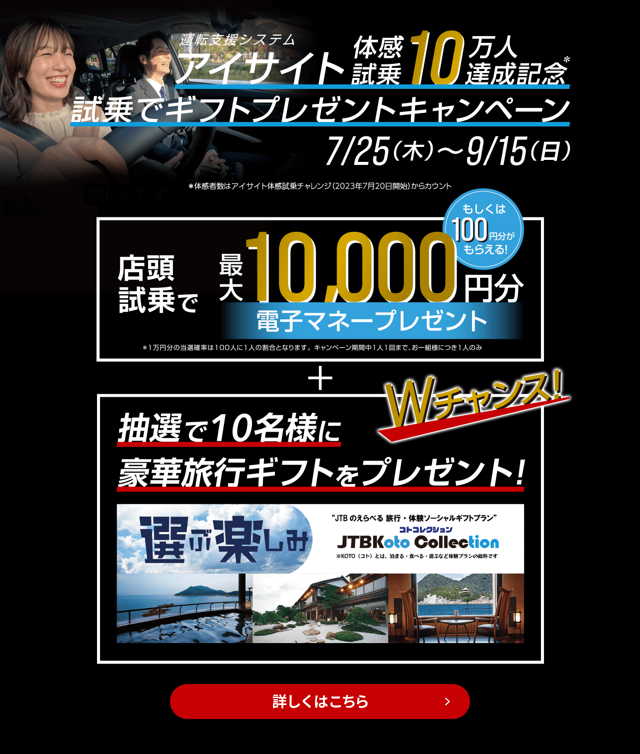 7/25（木）～9/16（月・祝）試乗でギフトプレゼントキャンペーン 店頭試乗で最大10,000円分電子マネープレゼント（もしくは100円分がもらえる）＋今だけＷチャンスキャンペーン 店頭試乗頂いたお客様の中から抽選で10名様に厳選旅行ギフトをプレゼント！