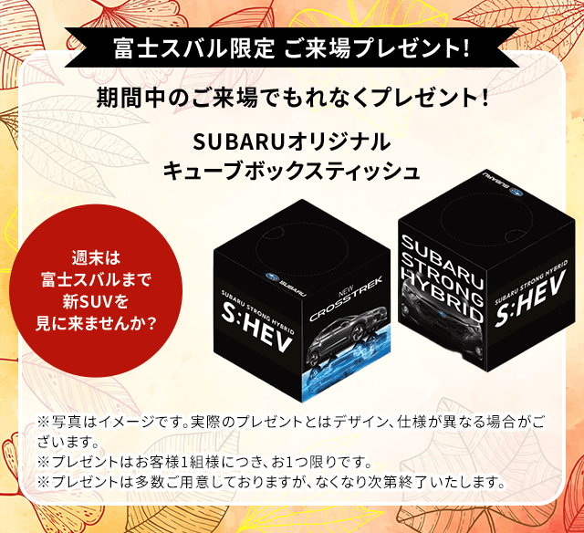 富士スバル限定 ご来場プレゼント!SUBARUオリジナル キューブボックスティッシュをプレゼント