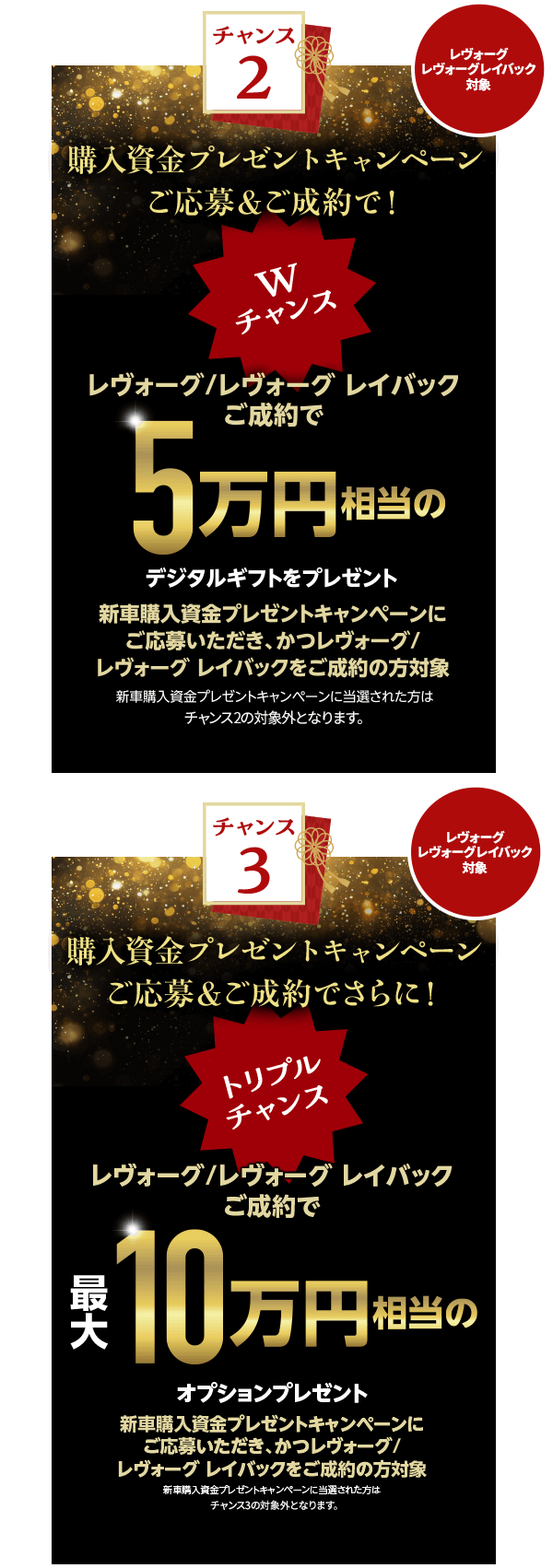チャンス2:購入資金キャンペーンご応募＆ご成約で!Wチャンスレヴォーグ/レヴォーグレイバックご成約で5万円相当のデジタルギフトをプレゼント 新車購入資金プレゼントキャンペーンにご応募いただき、かつレヴォーグ/レヴォーグレイバックをご成約の方対象※新車購入資金プレゼントキャンペーンに当選された方はWチャンスの対象外となります。 チャンス3:購入資金キャンペーンご応募＆ご成約でさらに!トリプルチャンス レヴォーグ/レヴォーグレイバックご成約で10万円相当のオプションプレゼント 新車購入資金プレゼントキャンペーンにご応募いただき、かつレヴォーグ/レヴォーグレイバックをご成約の方対象※新車購入資金プレゼントキャンペーンに当選された方はWチャンスの対象外となります。