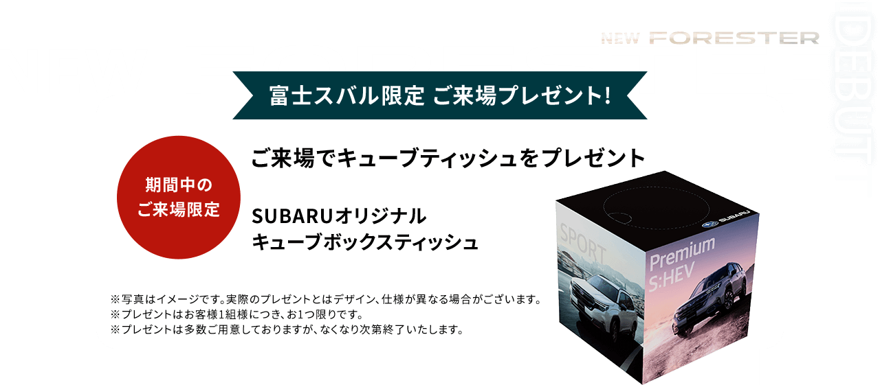 富士スバル限定 ご来場プレゼント!期間中のご来場限定 ご来場でキューブティッシュをプレゼント SUBARUオリジナル キューブボックスティッシュ※写真はイメージです。実際のプレゼントとはデザイン、仕様が異なる場合がございます。※プレゼントはお客様1組様につき、お1つ限りです。※プレゼントは多数ご用意しておりますが、なくなり次第終了いたします。
