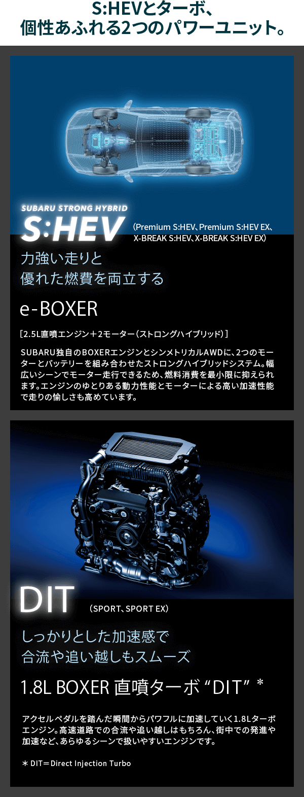 S:HEVとターボ、個性あふれる2つのパワーユニット。力強い走りと優れた燃費を両立するe-BOXER しっかりとした加速感で合流や追い越しもスムーズ1.8L BOXER 直噴ターボDIT