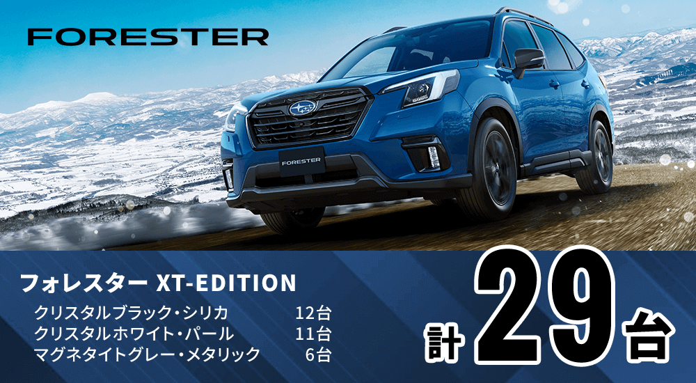 フォレスター XT-EDITION クリスタルブラック・シリカ12台 マグネタイトグレー・メタリック6台 クリスタルホワイト・パール11台