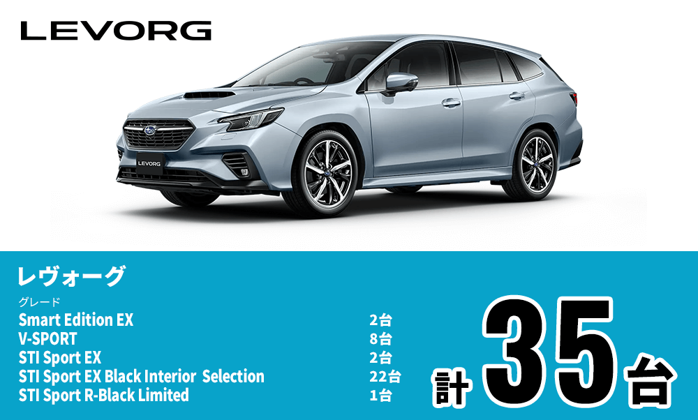 LEVORG レヴォーグ グレード Smart Edition EX 2台 V-SPORT（EyeSight X搭載車）8台 STI Sport R-Black Limited（EyeSight X搭載車）2台 STI Sport EX 3台 STI Sport R EX Black Interior Selection（EyeSight X搭載車）22台 R-Black Limited 1台 計35台