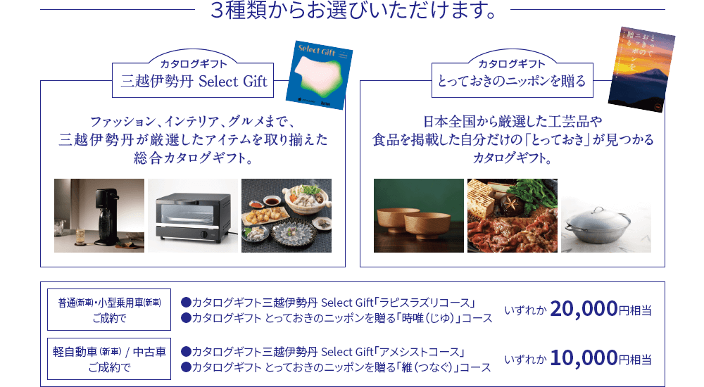 ３種類からお選びいただけます。三越伊勢丹Select Gift：ファッション、インテリア、グルメまで、三越伊勢丹が厳選したアイテムを取り揃えた総合カタログギフト。とっておきのニッポンを贈るカタログギフト：日本全国から厳選した工芸品や食品を掲載した自分だけの「とっておき」が見つかるカタログギフト。