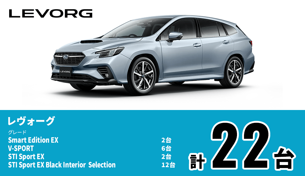 LEVORG レヴォーグ グレード Smart Edition EX 2台 V-SPORT 6台 STI Sport EX 2台 STI Sport R EX Black Interior Selection 12台 計22台