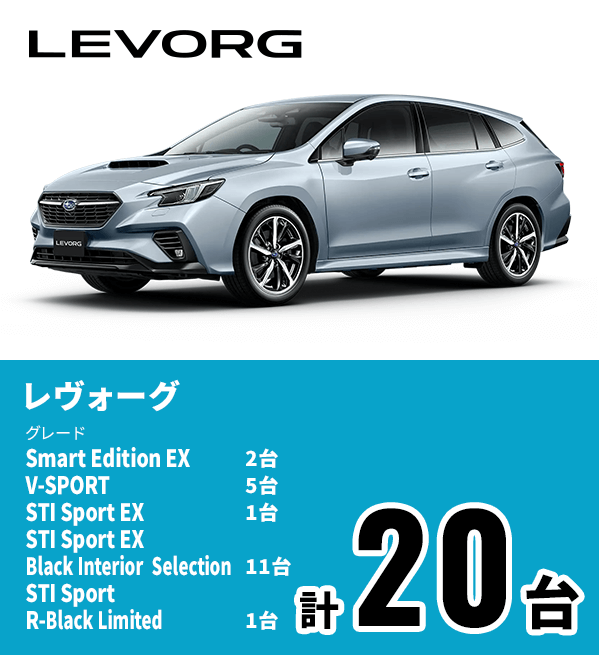 LEVORG レヴォーグ グレード Smart Edition EX 2台 V-SPORT 5台 STI Sport EX 1台 STI Sport R EX Black Interior Selection 11台 STI Sport R-Black Limited 1台 計20台