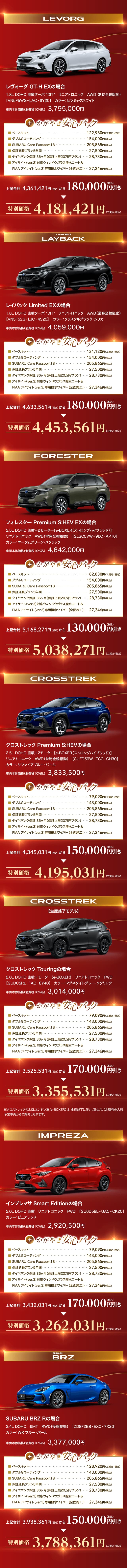 LEVORG, LEVORG LAYBACK, FORESTER, CROSSTREK, CROSSTREK, IMPREZA, SUBARU BRZ